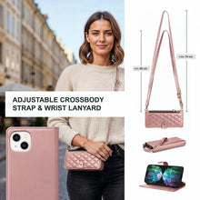 Afbeelding in Gallery-weergave laden, Moozy Lanyard Wallet Case for  iPhone 15 (6.1&quot;) – Quilted Crossbody PU Leather Phone Purse with Card Holder, Zip Coin Pocket and Detachable Strap, Rose Gold
