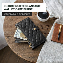 Afbeelding in Gallery-weergave laden, Moozy Lanyard Wallet Case for  iPhone 13/14 (6.1&quot;) – Quilted Crossbody PU Leather Phone Purse with Card Holder, Zip Coin Pocket and Detachable Strap, Black
