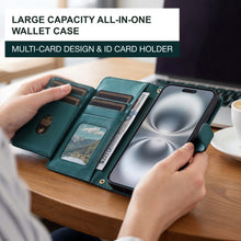 Afbeelding in Gallery-weergave laden, Moozy Lanyard Wallet Case for  iPhone 15 (6.1&quot;) – Quilted Crossbody PU Leather Phone Purse with Card Holder, Zip Coin Pocket and Detachable Strap, Dark Green
