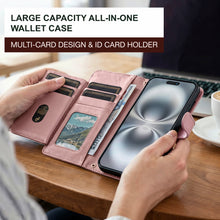 Charger l&#39;image dans la galerie, Moozy Lanyard Wallet Case for iPhone 16 Pro (6.3”) – Quilted Crossbody PU Leather Phone Purse with Card Holder, Zip Coin Pocket and Detachable Strap, Rose Gold
