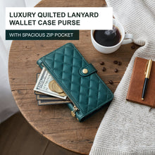 Afbeelding in Gallery-weergave laden, Moozy Lanyard Wallet Case for  iPhone 13/14 (6.1&quot;) – Quilted Crossbody PU Leather Phone Purse with Card Holder, Zip Coin Pocket and Detachable Strap, Dark green
