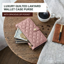 Afbeelding in Gallery-weergave laden, Moozy Lanyard Wallet Case for  iPhone 15 (6.1&quot;) – Quilted Crossbody PU Leather Phone Purse with Card Holder, Zip Coin Pocket and Detachable Strap, Rose Gold

