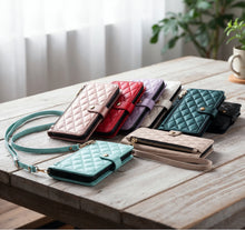Afbeelding in Gallery-weergave laden, Moozy Lanyard Wallet Case for iPhone 16 Pro (6.3”) – Quilted Crossbody PU Leather Phone Purse with Card Holder, Zip Coin Pocket and Detachable Strap, Black
