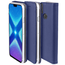 Load image into Gallery viewer, Moozy Case Flip Cover for Huawei Honor 8X, Dark Blue - Smart Magnetic Flip Case with Card Holder and Stand
