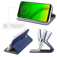 Cargar imagen en el visor de la galería, Moozy Case Flip Cover for Motorola Moto G7 Power, Dark Blue - Smart Magnetic Flip Case with Card Holder and Stand
