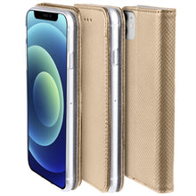 Carica l&#39;immagine nel visualizzatore di Gallery, Moozy Case Flip Cover for iPhone 12 mini, Gold - Smart Magnetic Flip Case with Card Holder and Stand
