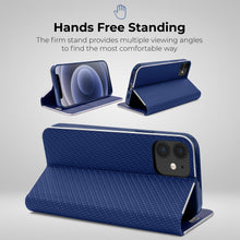 Carica l&#39;immagine nel visualizzatore di Gallery, Moozy Wallet Case for iPhone 12, iPhone 12 Pro, Dark Blue Carbon – Metallic Edge Protection Magnetic Closure Flip Cover with Card Holder
