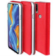 Załaduj obraz do przeglądarki galerii, Moozy Case Flip Cover for Huawei P30 Lite, Red - Smart Magnetic Flip Case with Card Holder and Stand
