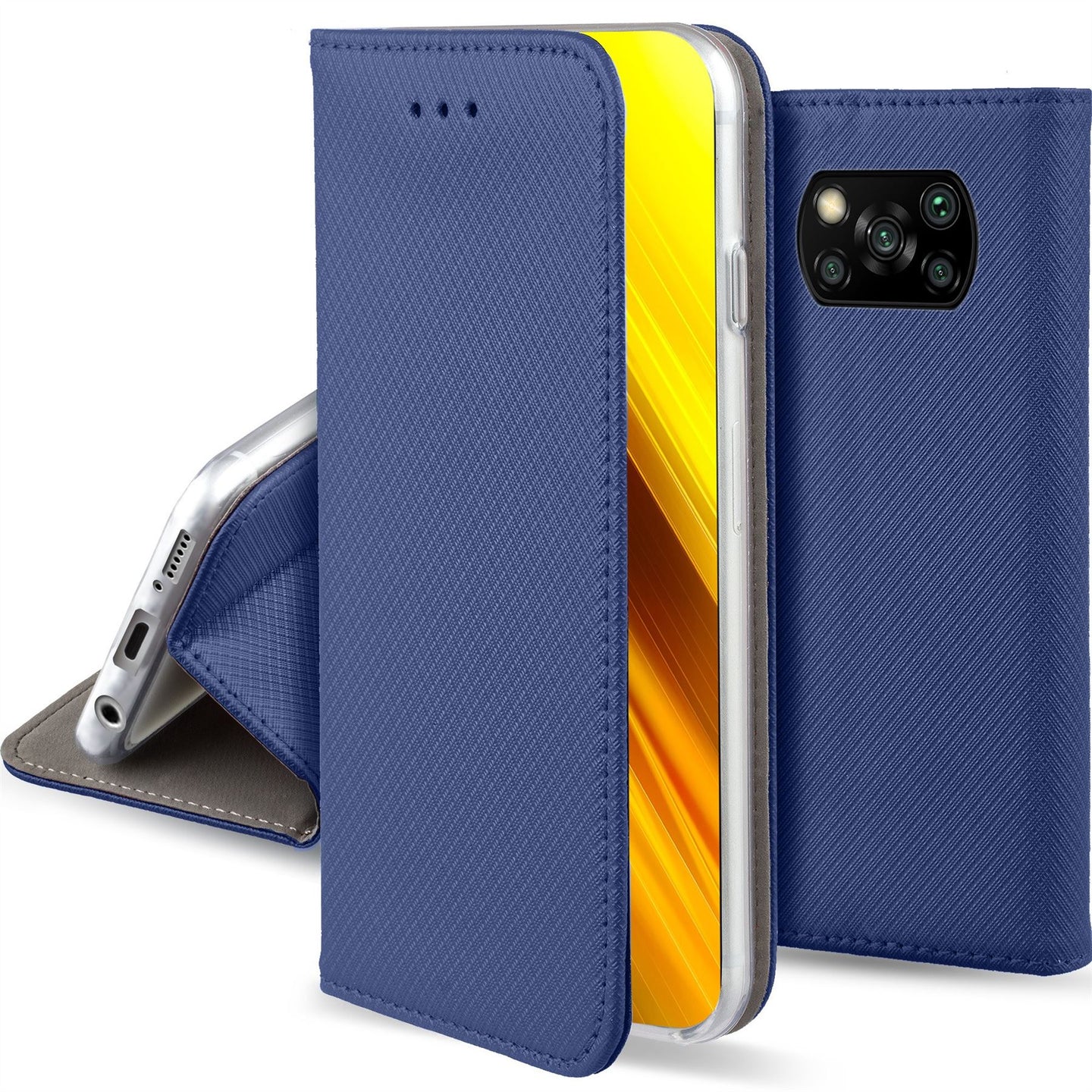 Moozy Case Flip Cover for Xiaomi Poco X3 NFC, Dark Blue - Smart Magnetic Flip Case with Card Holder and Stand