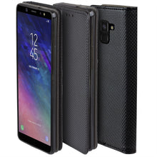 Carica l&#39;immagine nel visualizzatore di Gallery, Moozy Case Flip Cover for Samsung J6 2018, Black - Smart Magnetic Flip Case with Card Holder and Stand
