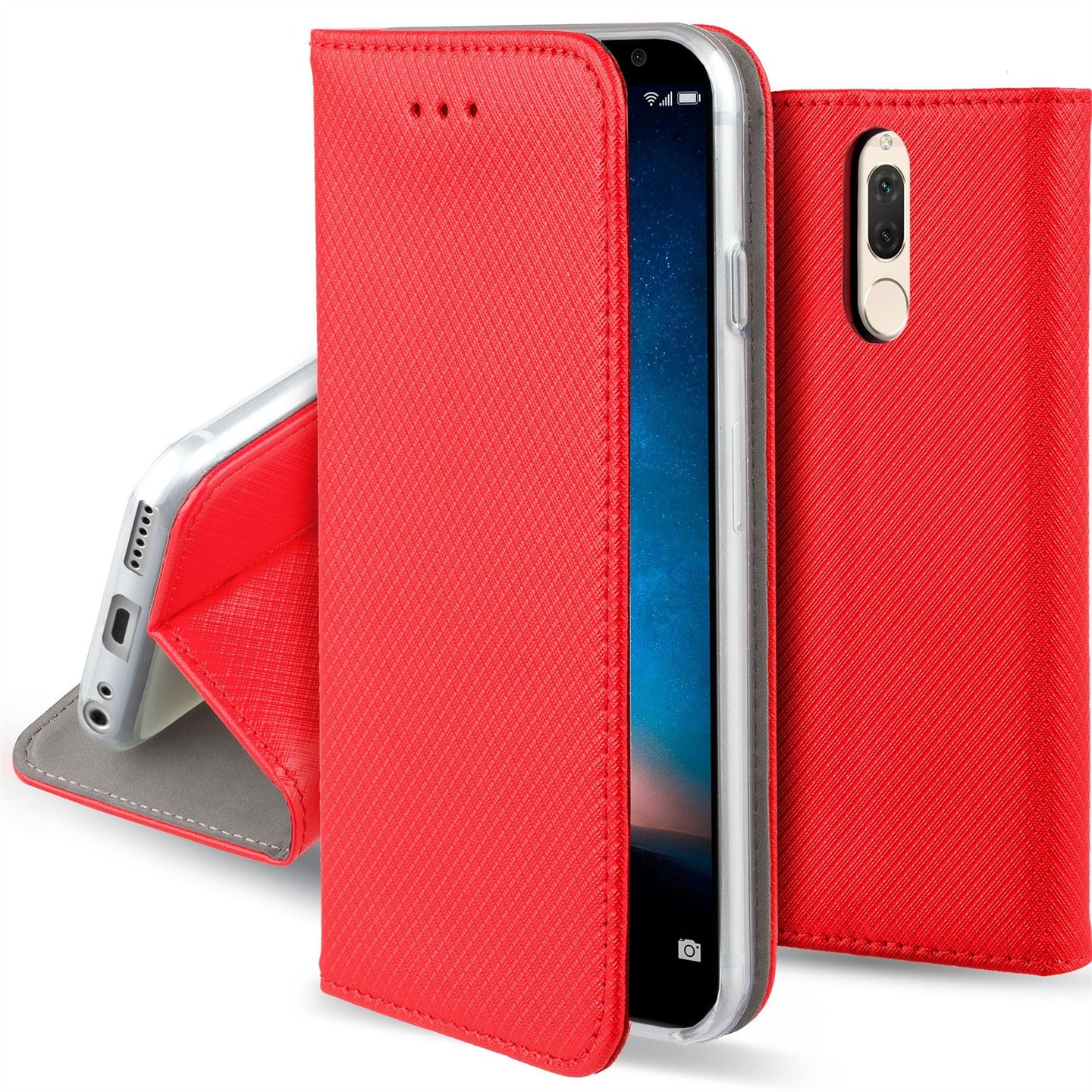 Moozy Case Flip Cover for Huawei Mate 10 Lite, Red - Smart Magnetic Flip Case with Card Holder and Stand