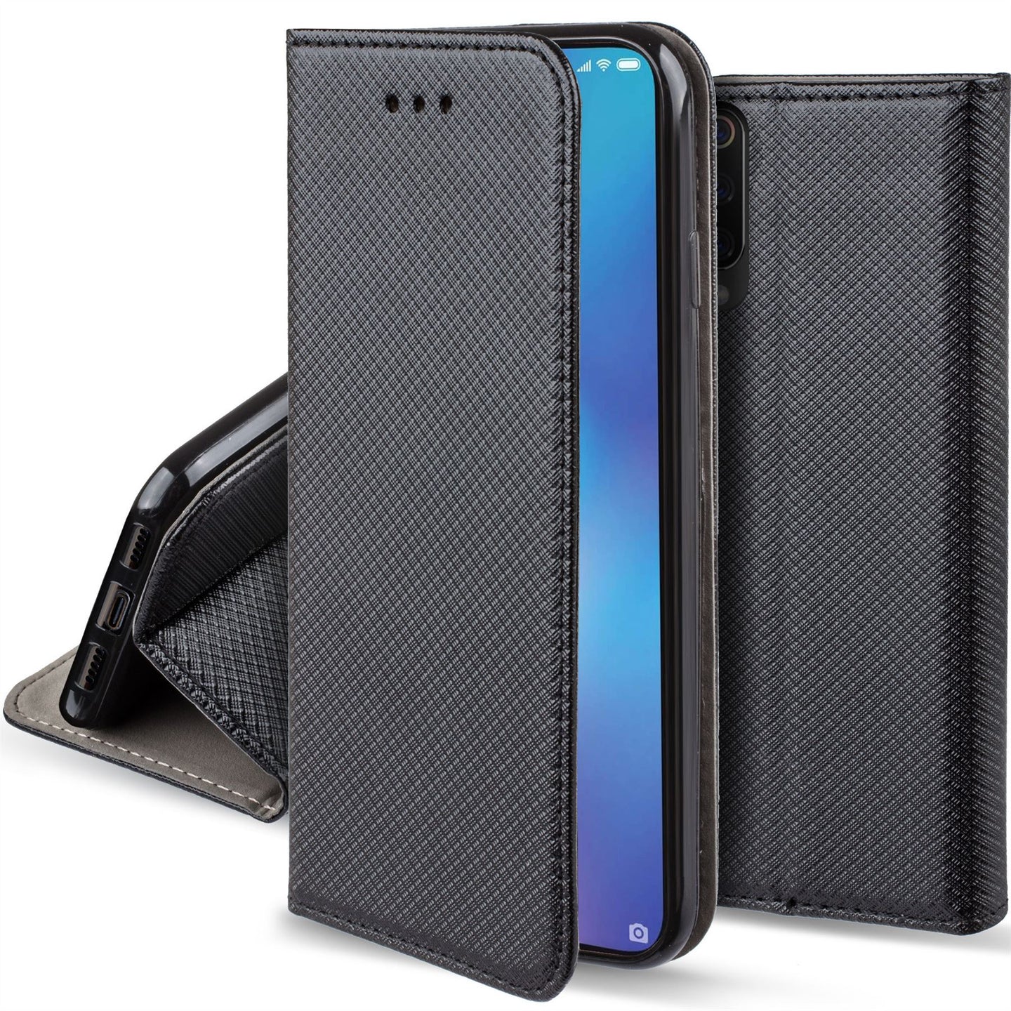 Moozy Case Flip Cover for Xiaomi Mi 9 SE, Black - Smart Magnetic Flip Case with Card Holder and Stand