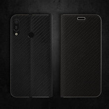 Załaduj obraz do przeglądarki galerii, Moozy Wallet Case for Huawei Y6 2019, Black Carbon – Metallic Edge Protection Magnetic Closure Flip Cover with Card Holder
