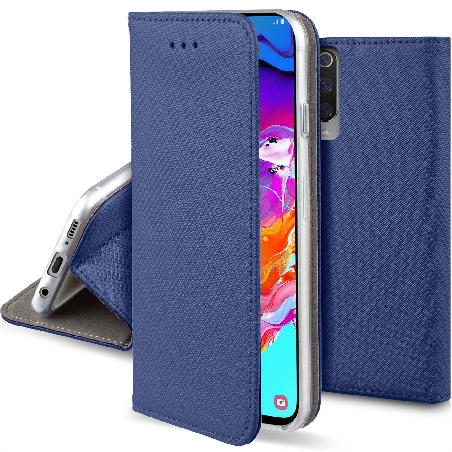 Moozy Case Flip Cover for Samsung A70, Dark Blue - Smart Magnetic Flip Case with Card Holder and Stand