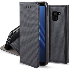 Charger l&#39;image dans la galerie, Moozy Case Flip Cover for Samsung A8 2018, Black - Smart Magnetic Flip Case with Card Holder and Stand
