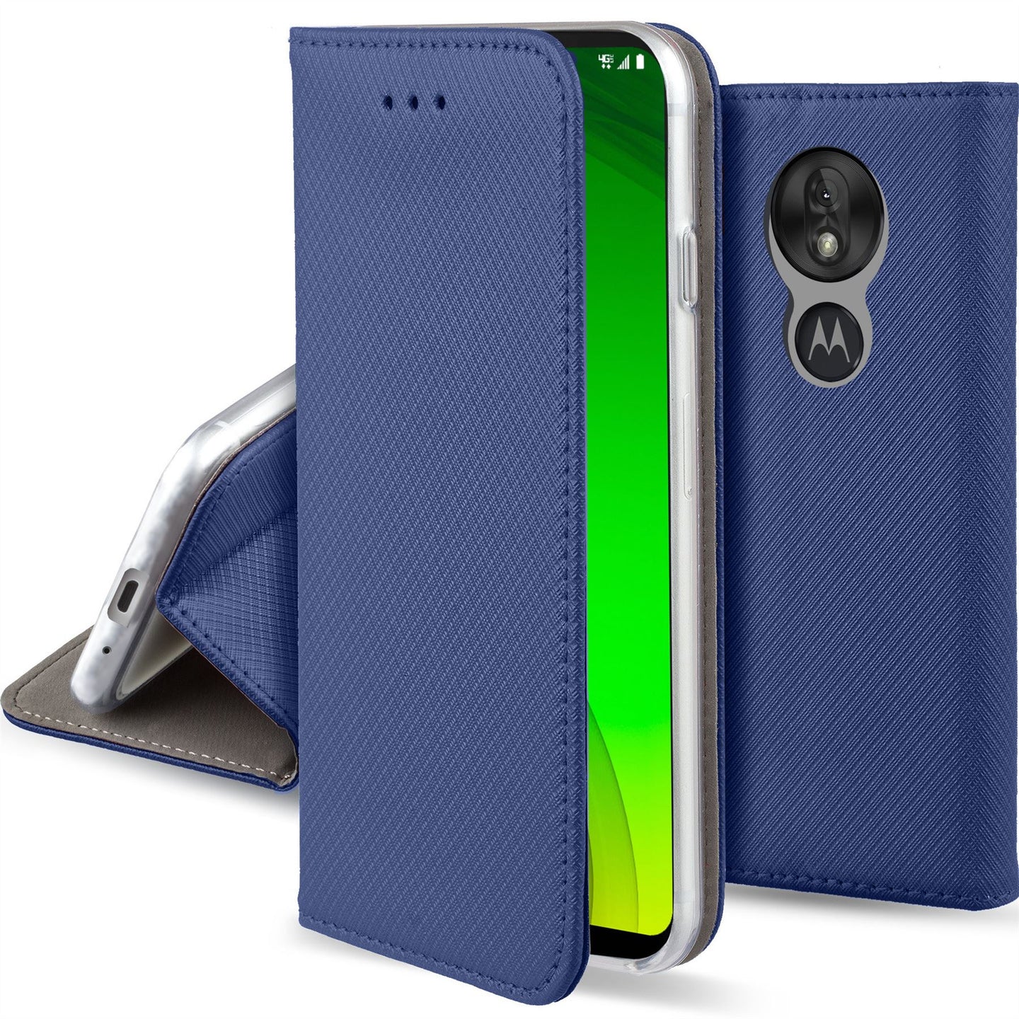 Moozy Case Flip Cover for Motorola Moto G7 Power, Dark Blue - Smart Magnetic Flip Case with Card Holder and Stand