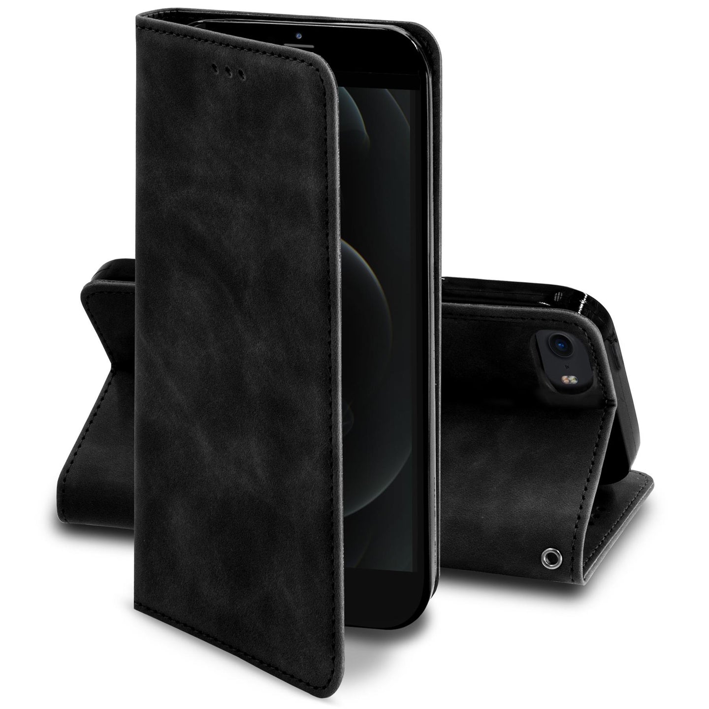 Moozy Marble Black Flip Case for iPhone SE 2020, iPhone 8, iPhone 7 - Flip Cover Magnetic Flip Folio Retro Wallet Case