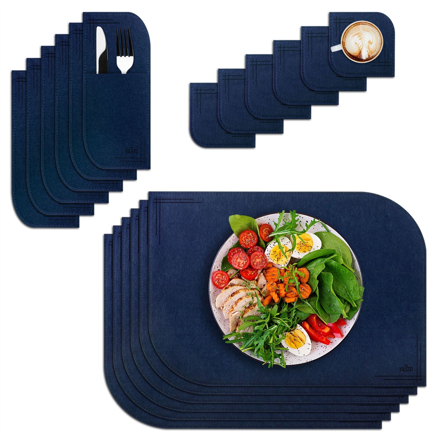 VILSTO Felt Fabric Place Mats, Dining Table Dinner Sets, Placemats and Coasters Set with Cutlery Holder, 18 Piece Set, Kitchen Mat, Dark Blue