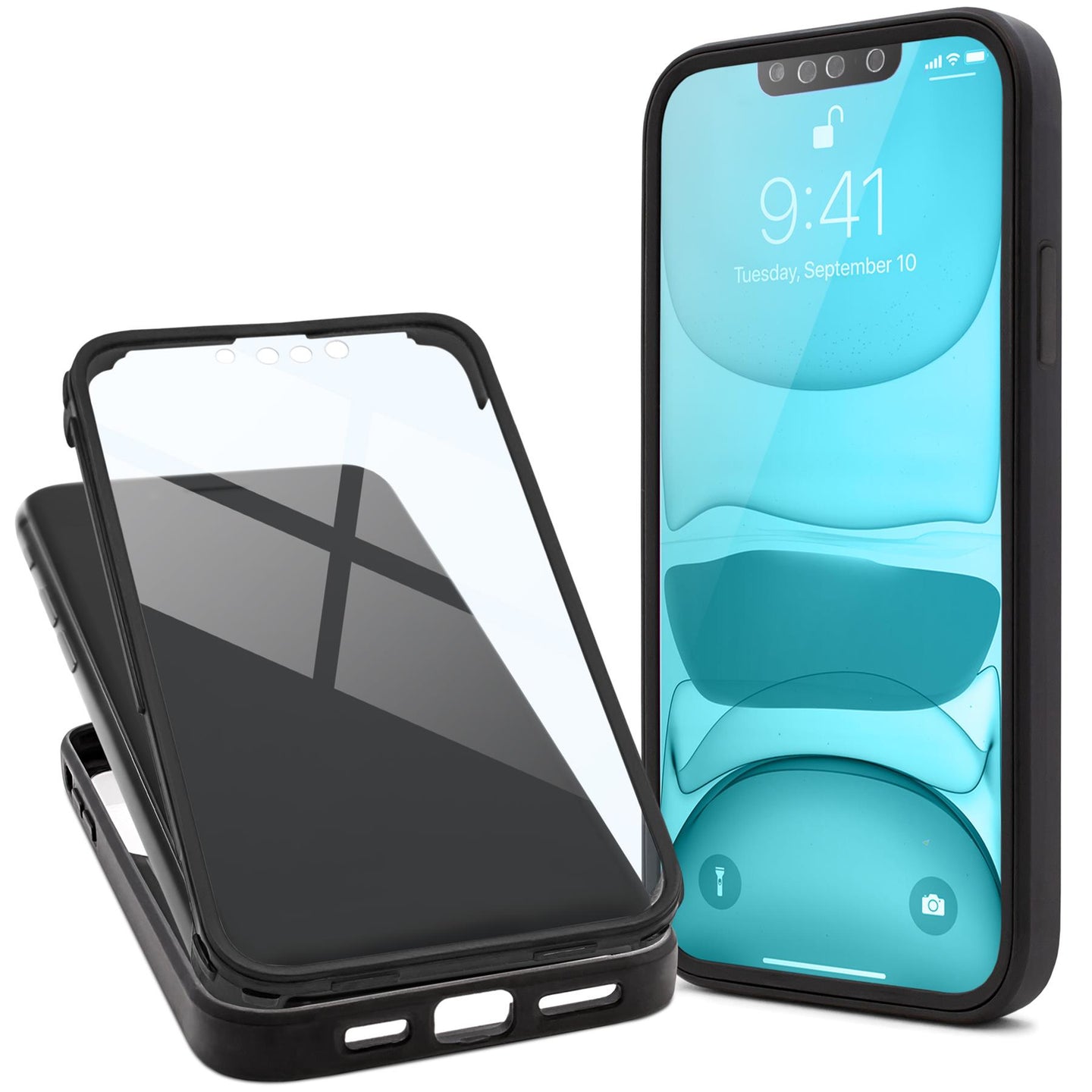 Moozy 360 Case for iPhone 14 - Black Rim Transparent Case, Full Body Double-sided Protection, Cover with Built-in Screen Protector