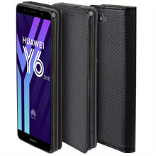 Cargar imagen en el visor de la galería, Moozy Case Flip Cover for Huawei Y6 2018, Black - Smart Magnetic Flip Case with Card Holder and Stand
