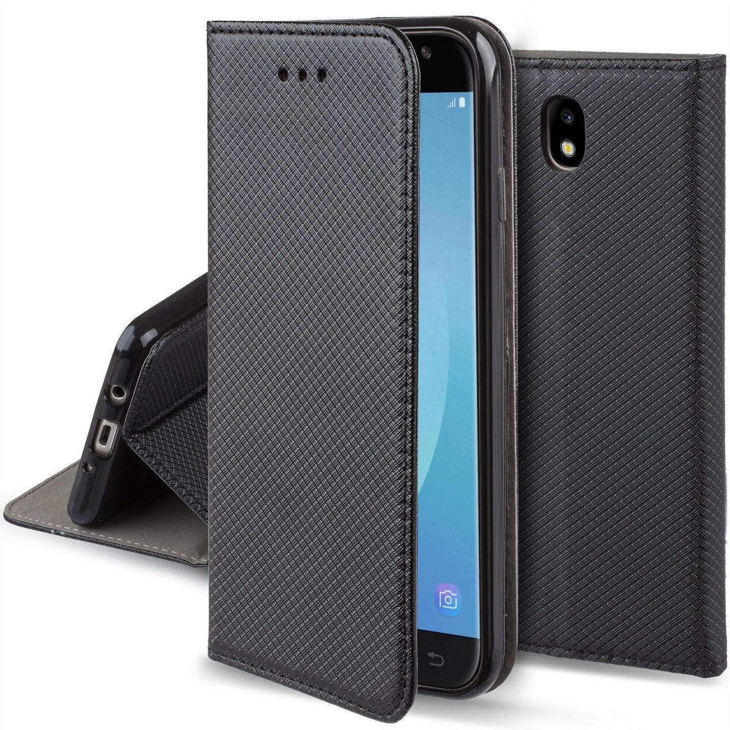 Moozy Case Flip Cover for Samsung J7 2017, Black - Smart Magnetic Flip Case with Card Holder and Stand