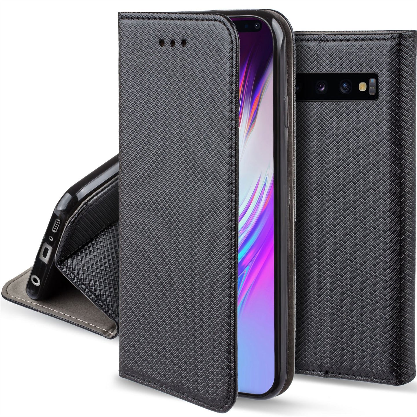 Moozy Case Flip Cover for Samsung S10 Plus, Black - Smart Magnetic Flip Case with Card Holder and Stand