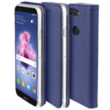 Charger l&#39;image dans la galerie, Moozy Case Flip Cover for Huawei P Smart, Dark Blue - Smart Magnetic Flip Case with Card Holder and Stand
