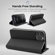 Lade das Bild in den Galerie-Viewer, Moozy Wallet Case for iPhone 12 Pro Max, Black Carbon – Metallic Edge Protection Magnetic Closure Flip Cover with Card Holder
