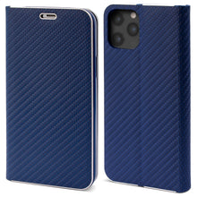 Załaduj obraz do przeglądarki galerii, Moozy Wallet Case for iPhone 12 Pro Max, Dark Blue Carbon – Metallic Edge Protection Magnetic Closure Flip Cover with Card Holder
