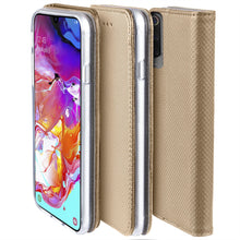 Lade das Bild in den Galerie-Viewer, Moozy Case Flip Cover for Samsung A70, Gold - Smart Magnetic Flip Case with Card Holder and Stand
