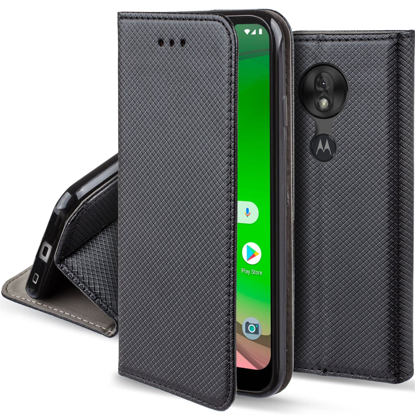 Moozy Case Flip Cover for Motorola Moto G7 Play, Black - Smart Magnetic Flip Case with Card Holder and Stand