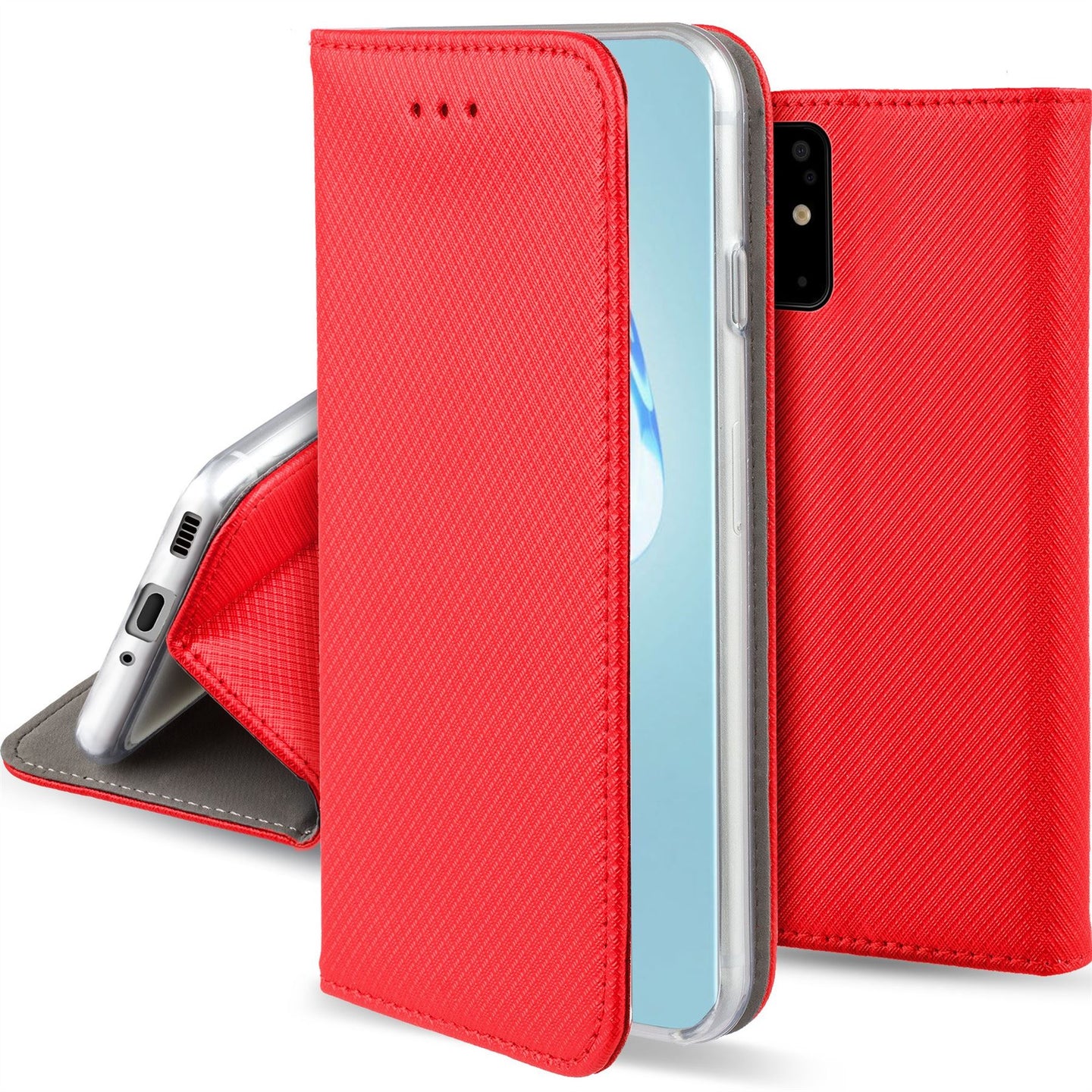 Moozy Case Flip Cover for Samsung S20, Red - Smart Magnetic Flip Case with Card Holder and Stand