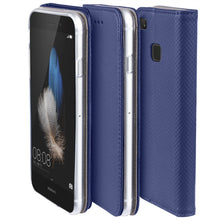 Cargar imagen en el visor de la galería, Moozy Case Flip Cover for Huawei P9 Lite, Dark Blue - Smart Magnetic Flip Case with Card Holder and Stand
