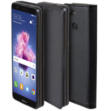 Cargar imagen en el visor de la galería, Moozy Case Flip Cover for Huawei P Smart, Black - Smart Magnetic Flip Case with Card Holder and Stand
