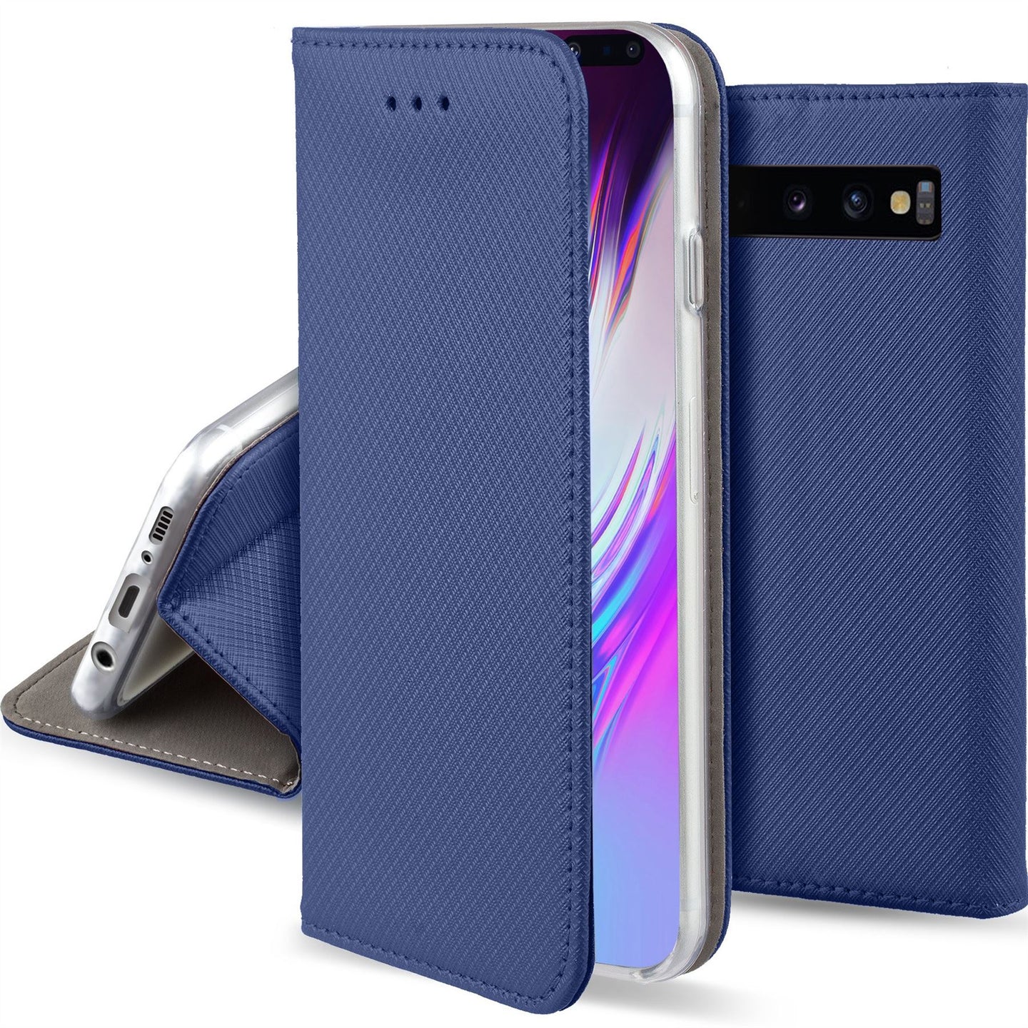 Moozy Case Flip Cover for Samsung S10 Plus, Dark Blue - Smart Magnetic Flip Case with Card Holder and Stand