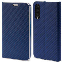 Załaduj obraz do przeglądarki galerii, Moozy Wallet Case for Samsung A50, Dark Blue Carbon – Metallic Edge Protection Magnetic Closure Flip Cover with Card Holder
