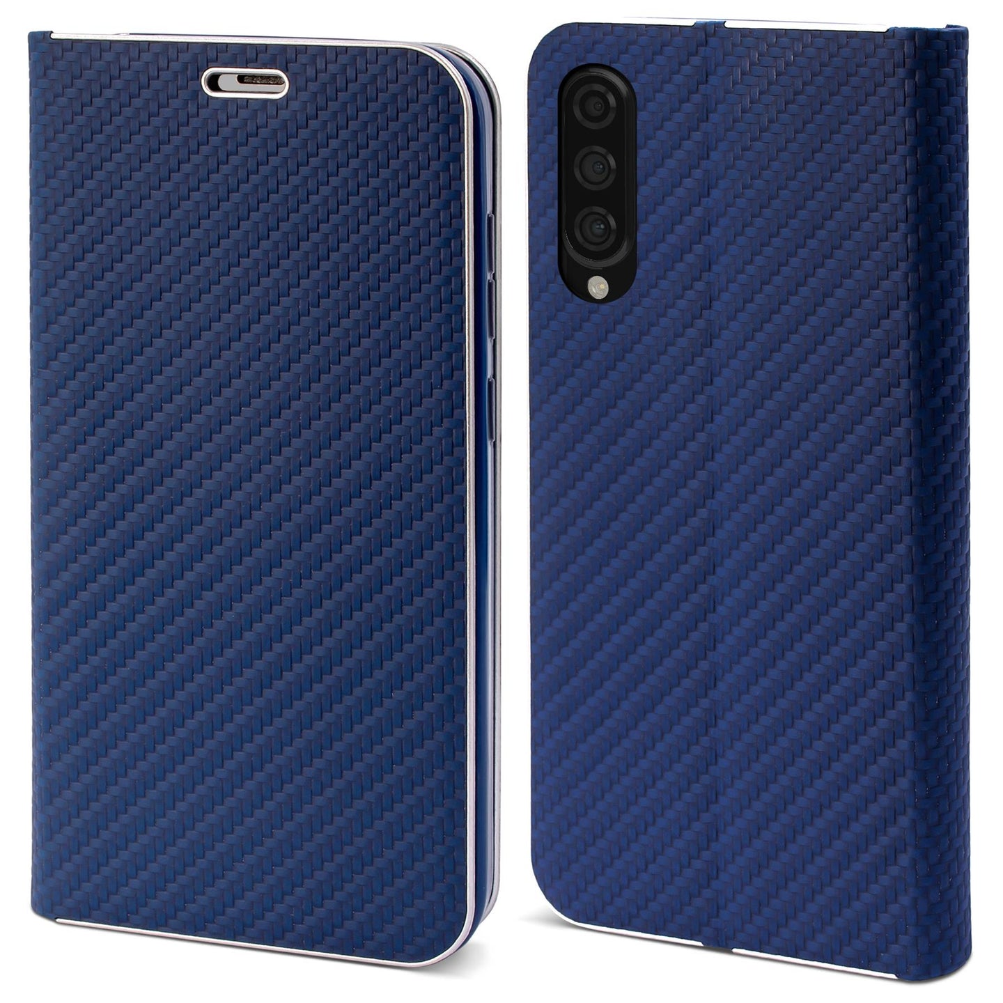 Moozy Wallet Case für Samsung A50, Dark Blue Carbon – Metallischer Kantenschutz Magnetverschluss Flip Cover mit Kartenhalter