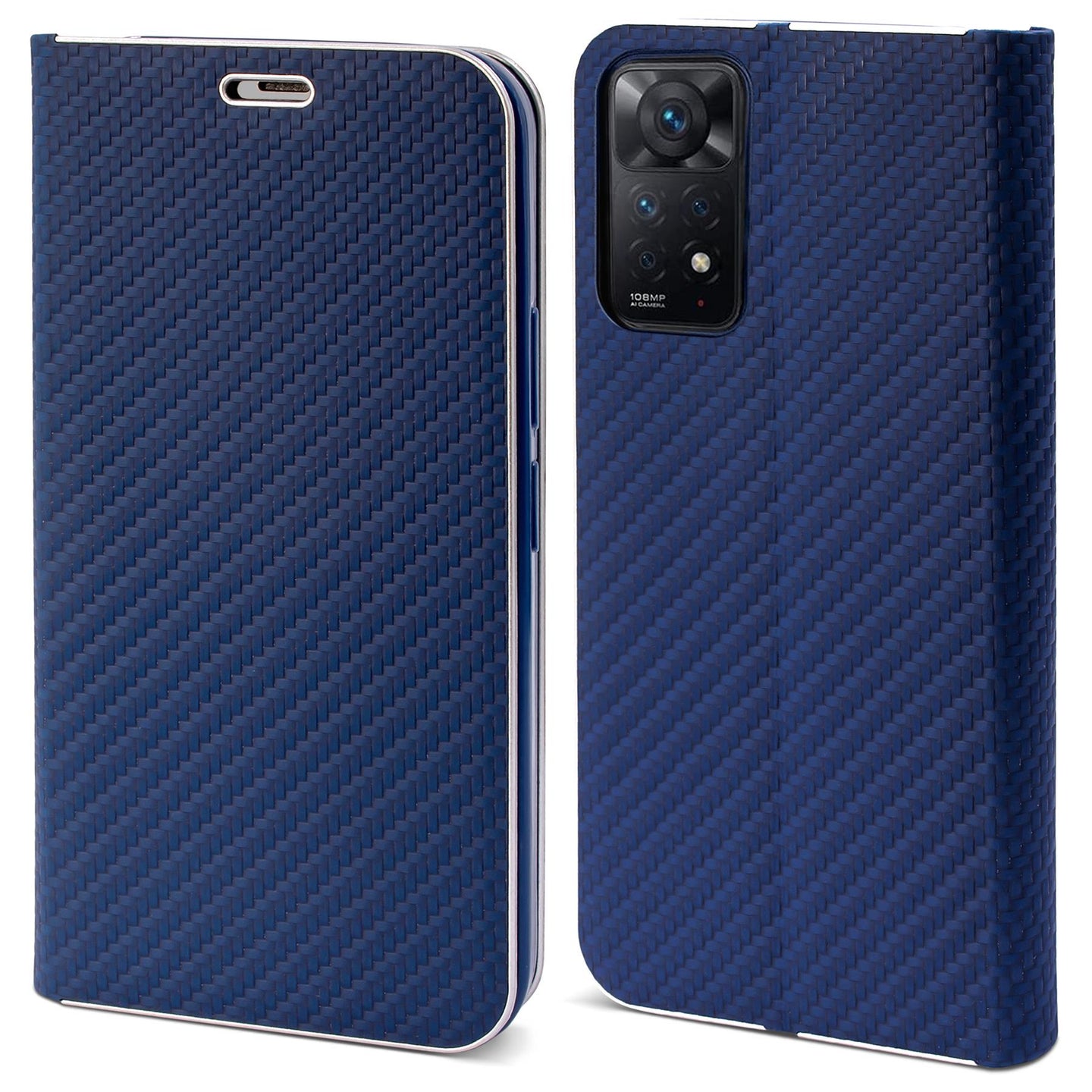 Moozy Wallet Case for Xiaomi Redmi Note 11 Pro 5G and 4G, Dark Blue Carbon - Flip Case with Metallic Border Design Magnetic Closure Flip Cover with Card Holder and Kickstand Function