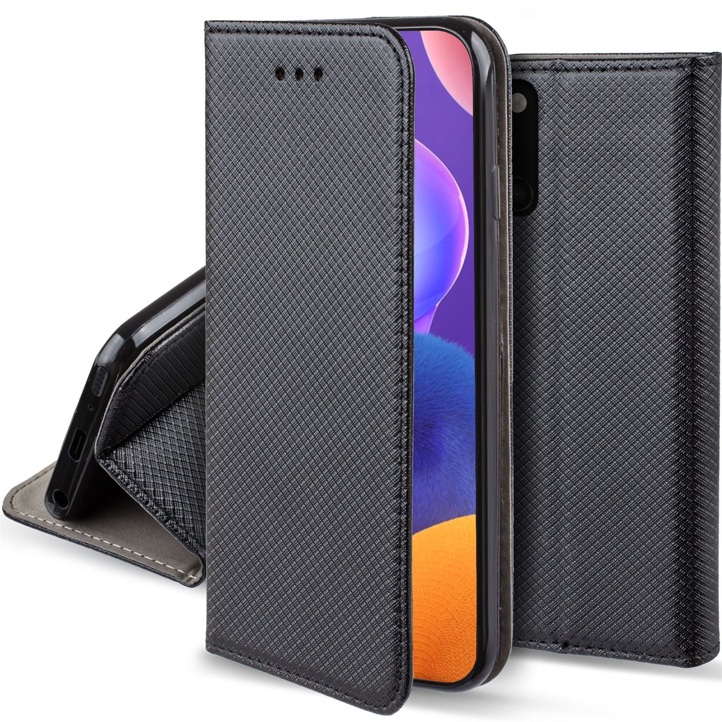 Moozy Case Flip Cover for Samsung A31, Black - Smart Magnetic Flip Case with Card Holder and Stand