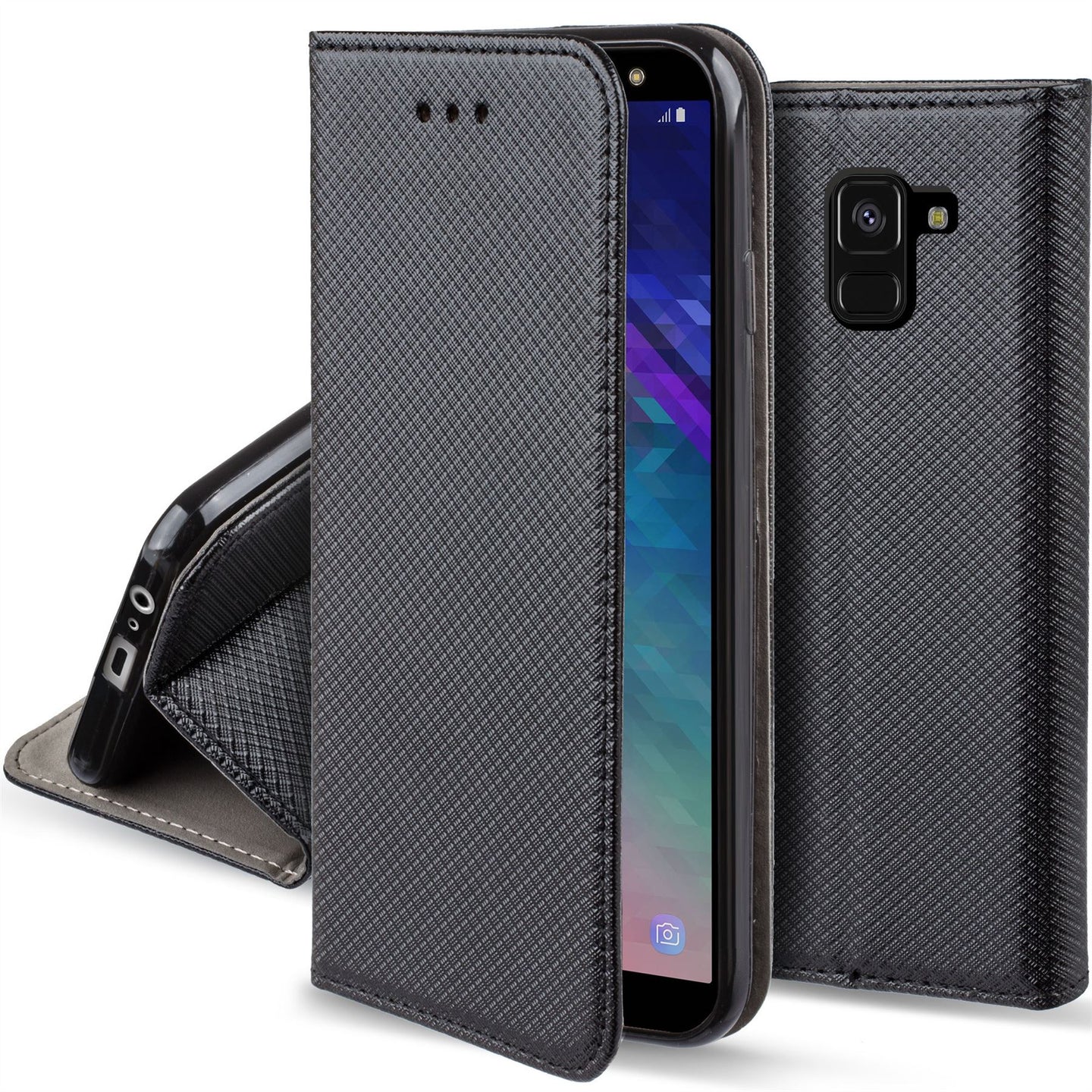 Moozy Case Flip Cover for Samsung J6 2018, Black - Smart Magnetic Flip Case with Card Holder and Stand