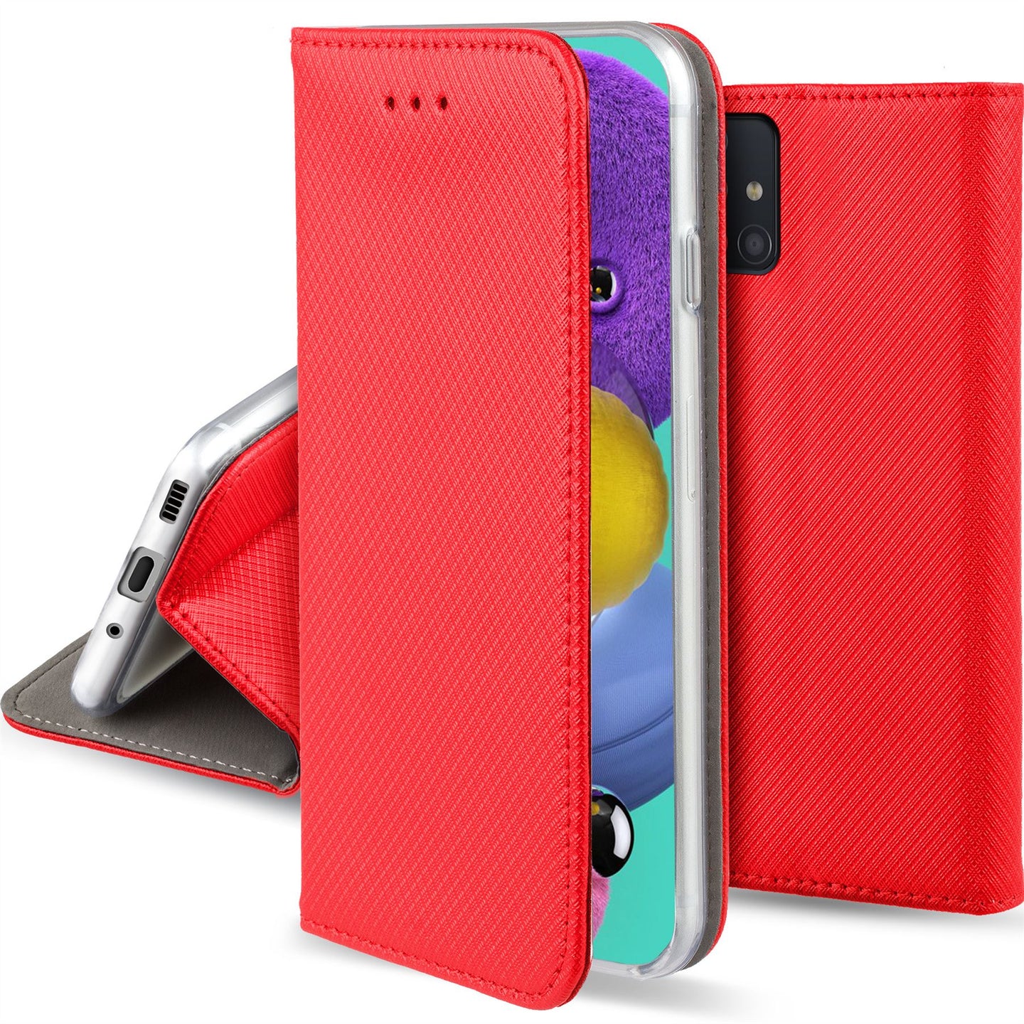 Moozy Case Flip Cover for Samsung A51, Red - Smart Magnetic Flip Case with Card Holder and Stand
