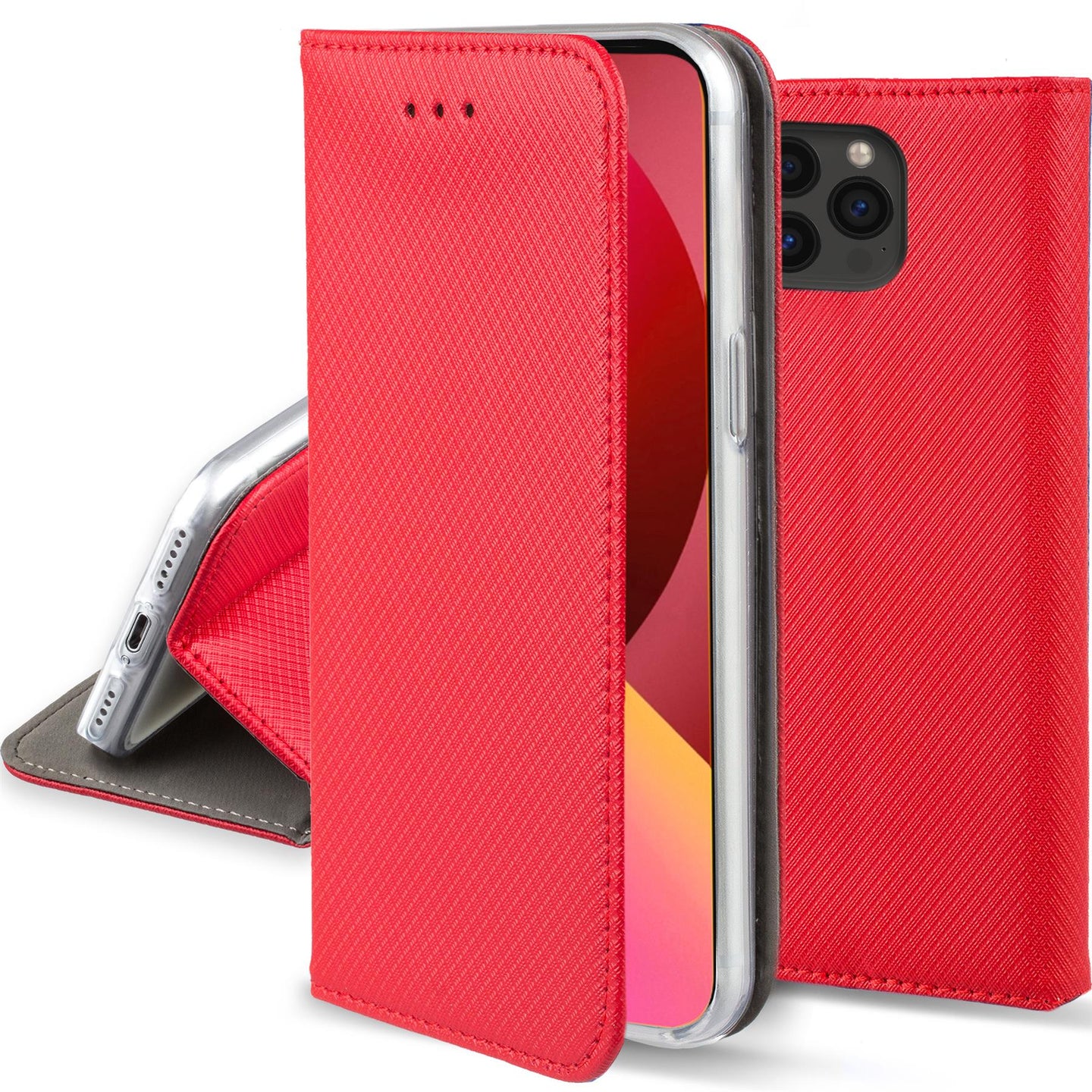 Moozy Case Flip Cover for iPhone 13 Pro Max, Red - Smart Magnetic Flip Case Flip Folio Wallet Case with Card Holder and Stand, Credit Card Slots