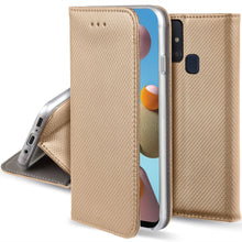 Lade das Bild in den Galerie-Viewer, Moozy Case Flip Cover for Samsung A21s, Gold - Smart Magnetic Flip Case with Card Holder and Stand
