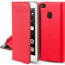 Carica l&#39;immagine nel visualizzatore di Gallery, Moozy Case Flip Cover for Huawei P9 Lite, Red - Smart Magnetic Flip Case with Card Holder and Stand
