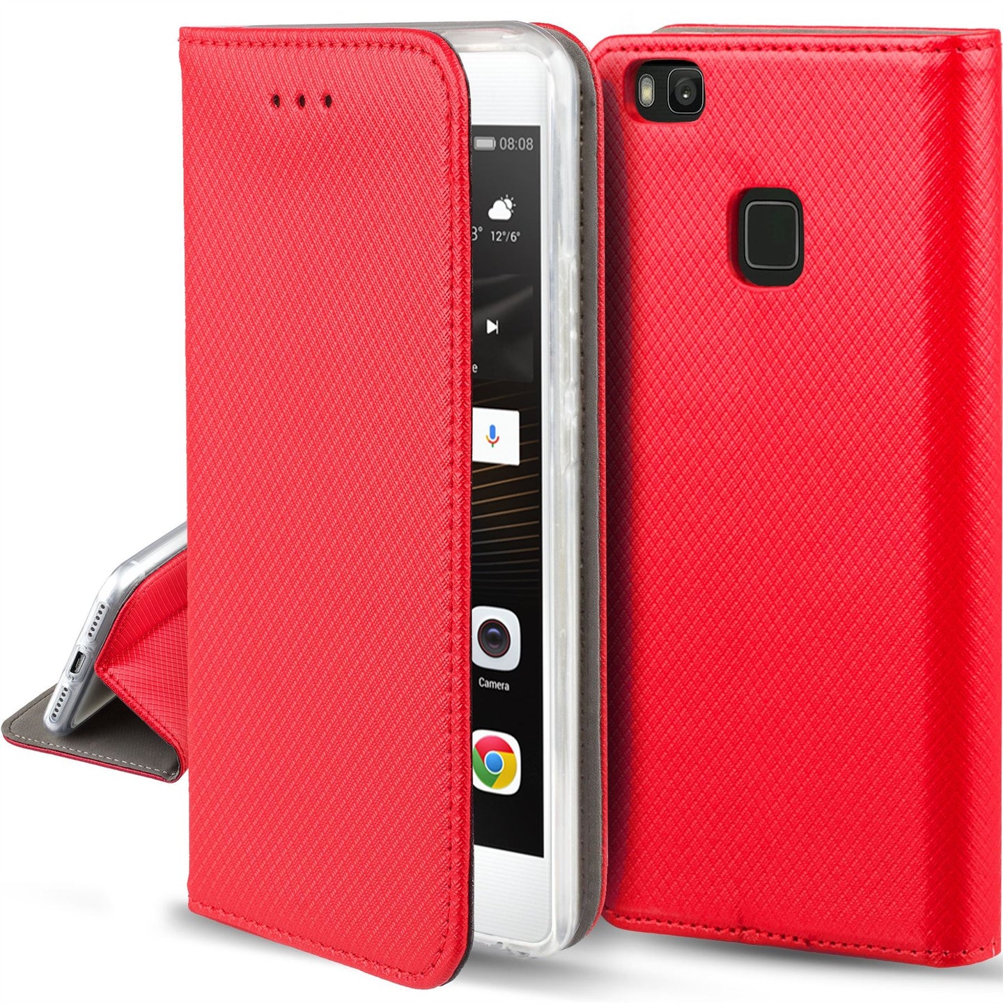 Moozy Case Flip Cover for Huawei P9 Lite, Red - Smart Magnetic Flip Case with Card Holder and Stand