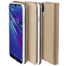 Lade das Bild in den Galerie-Viewer, Moozy Case Flip Cover for Huawei Y6 2019, Gold - Smart Magnetic Flip Case with Card Holder and Stand
