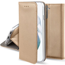 Cargar imagen en el visor de la galería, Moozy Case Flip Cover for Samsung S21 5G, Samsung S21, Gold - Smart Magnetic Flip Case with Card Holder and Stand
