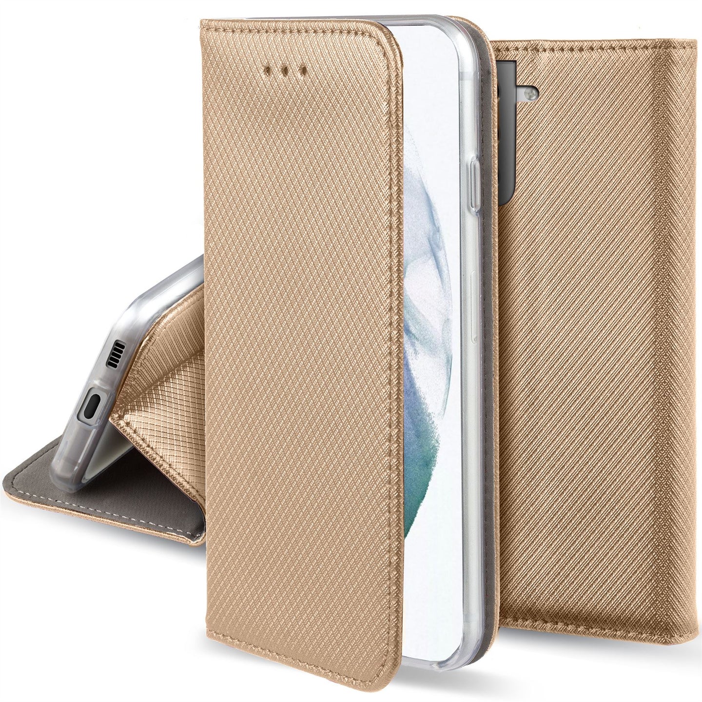 Moozy Case Flip Cover for Samsung S21 5G, Samsung S21, Gold - Smart Magnetic Flip Case with Card Holder and Stand