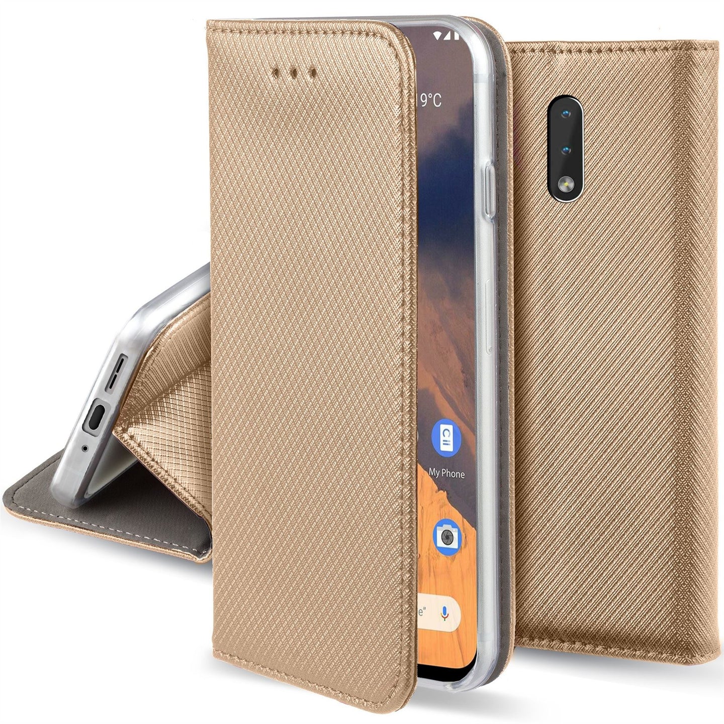 Moozy Case Flip Cover for Nokia 2.3, Gold - Smart Magnetic Flip Case with Card Holder and Stand