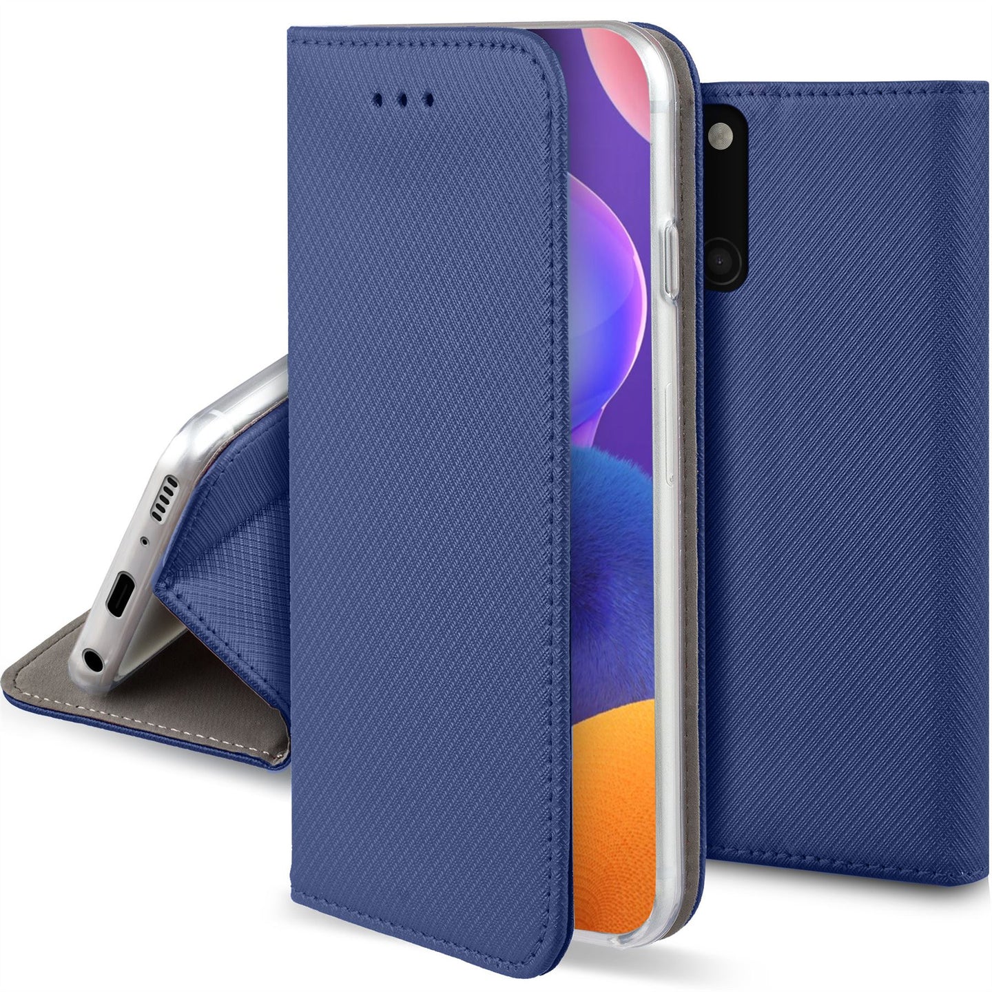 Moozy Case Flip Cover for Samsung A31, Dark Blue - Smart Magnetic Flip Case with Card Holder and Stand